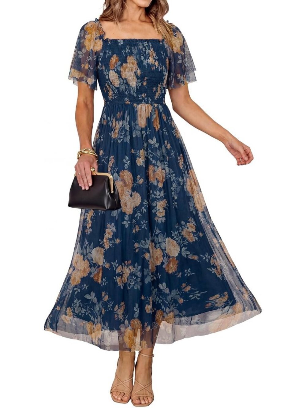 Women's Floral Blue Yellow Stylish Square Neck Mesh Smocked Boho Maxi Dress